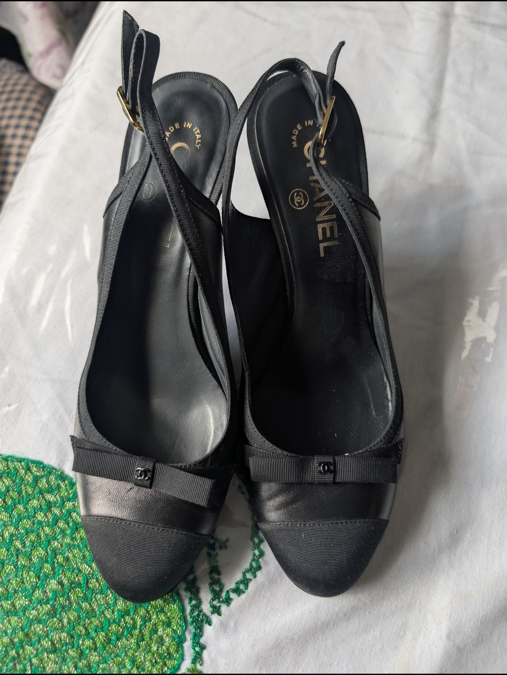 CHANEL Black Slingback Mules with Signature Bow